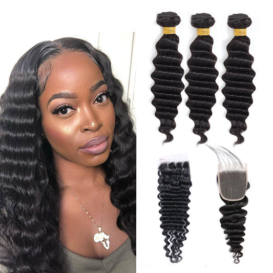 Deep Wave 100% Human Hair 3 Bundles With 4x4 Lace Closure Natural Black