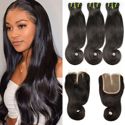 1b# Hook Straight Fumi Hair 3 Bundles With 4x4 Lace Closure