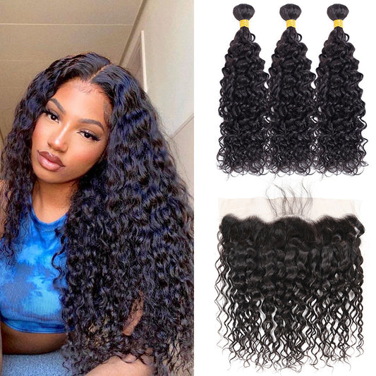 Water Wave 100% Human Hair 3 Bundles With 13x4 Lace Frontal Natural Black