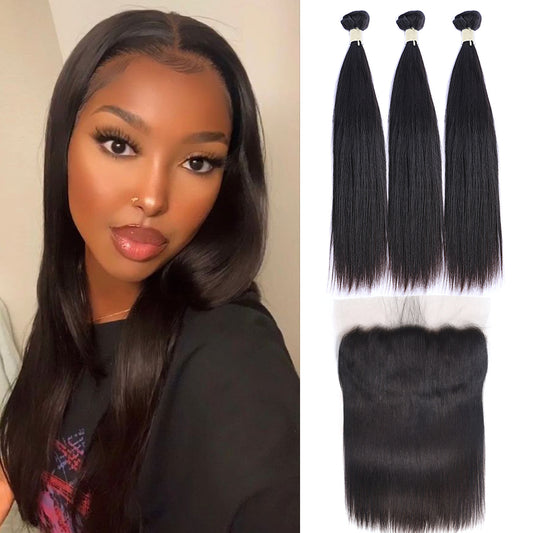 Straight Virgin Human Hair 3 Bundles With 13x4 Lace Frontal Natural Black