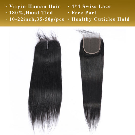 Straight Virgin Human Hair 4x4 Lace Closure Natural Black