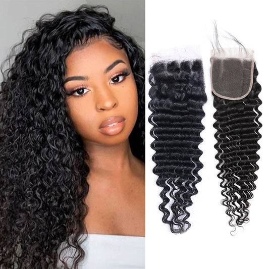 Deep Wave 100% Human Hair 4x4 Lace Closure Natural Black