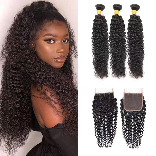 Kinky Curly 100% Human Hair 3 Bundles With 4x4 Lace Closure Natural Black