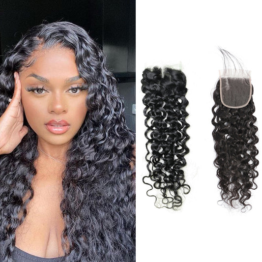 Water Wave Remy Human Hair 4x4 Lace Closure Natural Black